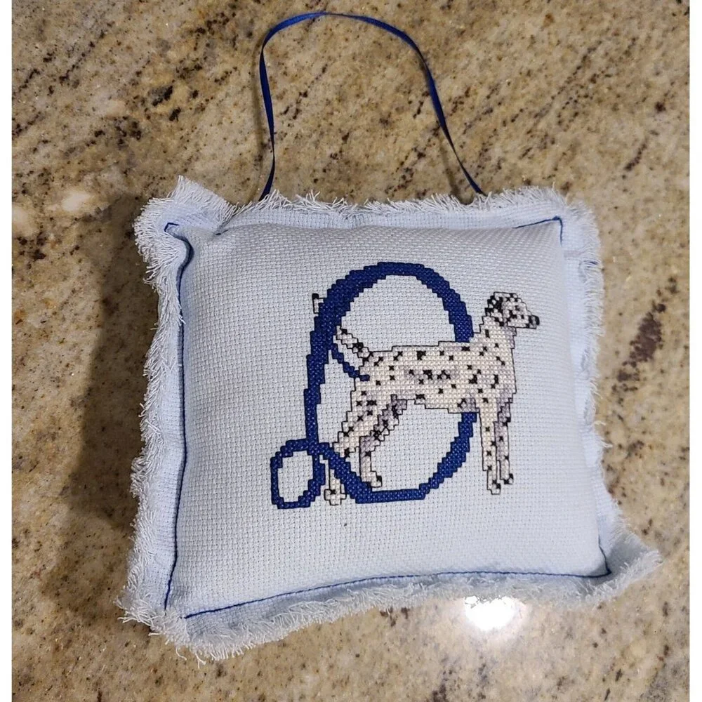 Dalmatian Needlepoint Cross Stitch Mini Pillow Door Knob Hanger  Blue Fur Baby